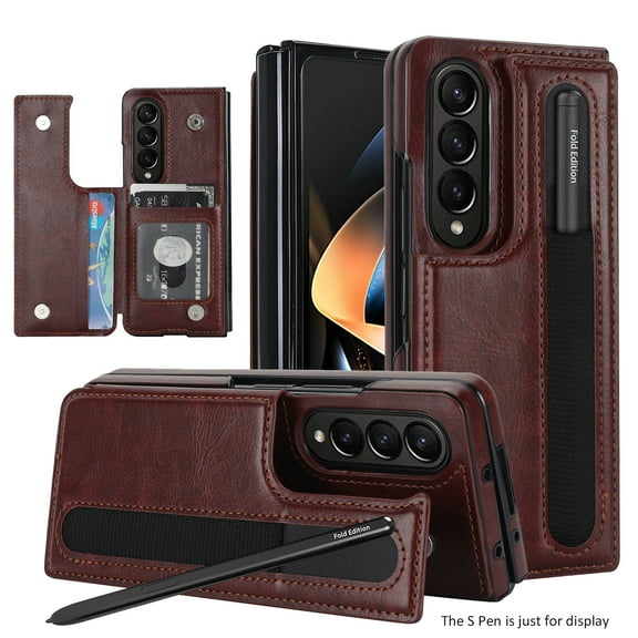 Allytech Galaxy Z Fold 3 Case Wallet, Premium PU Leather Business Type S Pen Holder Cards Holder Shockproof Stand Feature Cards Pocket Wallet Case Cover for Samsung Galaxy Z Fold 3 -Brown
