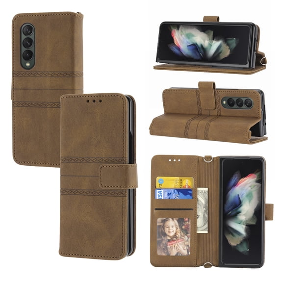 Allytech Galaxy Z Fold 3 Cover, Premium PU Leather Drop Protection Cards Holder Removable Adjustable Crossbody Necklace Lanyard Shoulder Strap Case Cover for Samsung Galaxy Z Fold 3, Brown