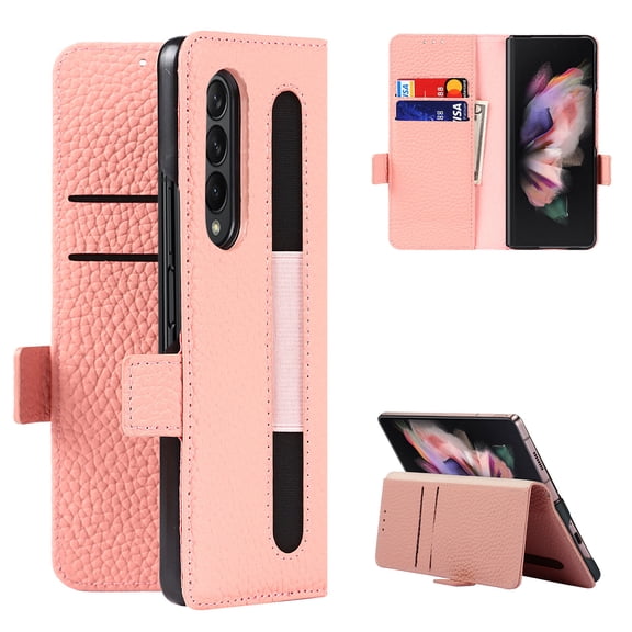 Allytech for Galaxy Z Fold 3 Cover for Samsung Galaxy Z Fold 3 5G(2021), Genuine Leather Magnetic Flip Stand Wallet Card Slots Case wtih S Pen Holder Pocket Cover for Galaxy Z Fold 3 2021, Pink
