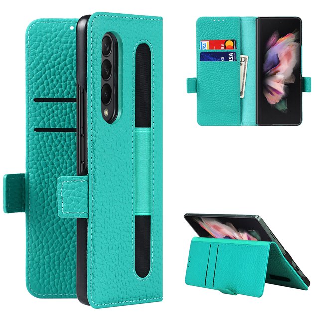Allytech for Galaxy Z Fold 3 Cover for Samsung Galaxy Z Fold 3 5G(2021), Genuine Leather Magnetic Flip Stand Wallet Card Slots Case wtih S Pen Holder Pocket Cover for Galaxy Z Fold 3 2021, Green