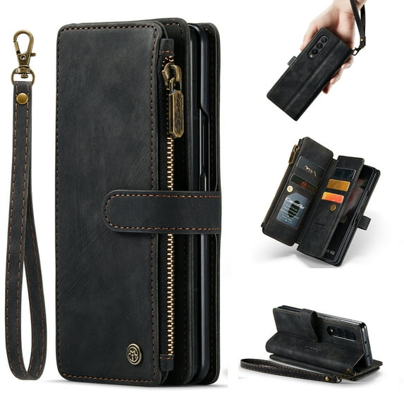 Allytech for Galaxy Z Fold 4 Wallet Case with 1 Cash Slot & 5 Card Holders, Zipper Pocket Flip Stand Magnetic Closure Wristlet Lanyard Retro PU Leather Case for Samsung Z Fold 4 5G 2022, Black