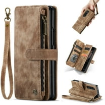 Allytech for Galaxy Z Fold 4 Wallet Case with 1 Cash Slot & 5 Card Holders, Zipper Pocket Flip Stand Magnetic Closure Wristlet Lanyard Retro PU Leather Case for Samsung Z Fold 4 5G 2022, Brown