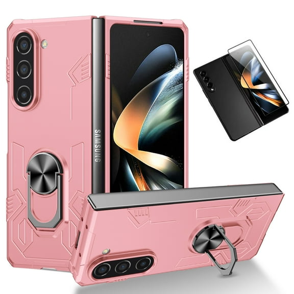 Allytech Galaxy Z Fold 5 Case with Front Screen Protector, With Ring Holder Stand Compatible with Car Mount Shockproof Rugged Hybrid PC Back Cover Case for Samsung Galaxy Z Fold5 5G - Pink