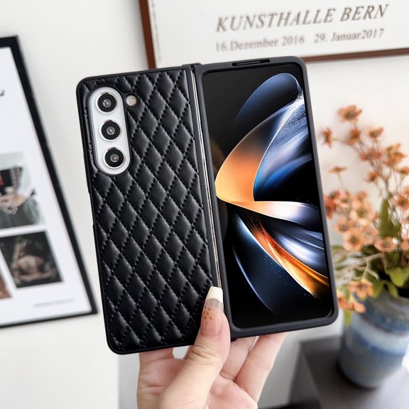 Allytechgroup Anti-Scratch Faux Leather Back Cover Cell Phone Case with Protective Case Cover for Samsung Galaxy Z Fold 6, Black