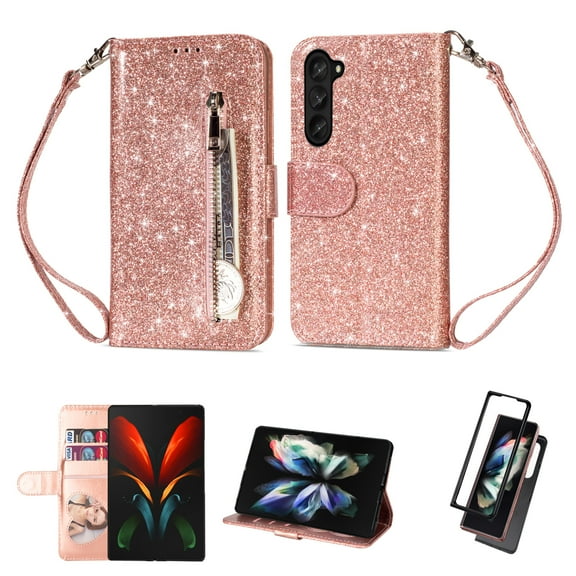 Allytech Galaxy Z Fold 5 Case Wallet, PU Leather Glitter Bling Shockproof Stand Hand Wrist Zipper Pocket Wallet Case Cover Case for Samsung Galaxy Z Fold 5 5G - Rosegold