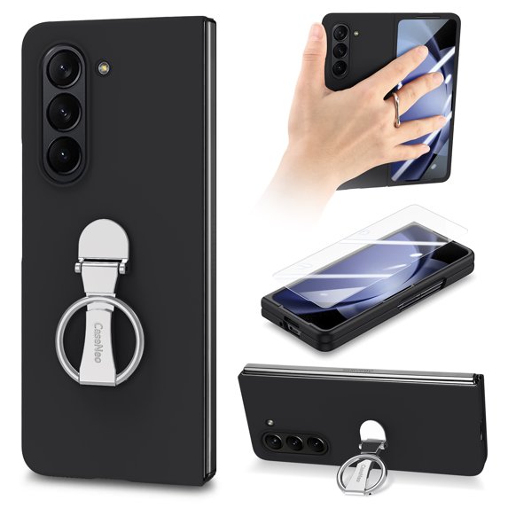 Allytech Galaxy Z Fold 6 Case with Ring Holder Stand & Screen Protector, Morandi Colored Case Shockproof Bumper Slim Cover for Samsung Galaxy Z Fold 6 - Black