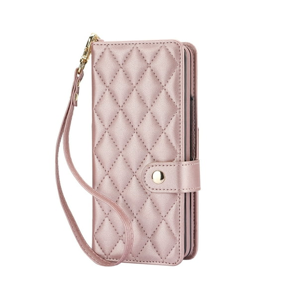 Allytech Galaxy Z Fold4 5G Case with S Pen Holder, Premium PU Leather Stand Cards Slots Large Space Shoulder Lanyard Hand Wrist Shockproof Wallet Case Cover for Samsung Galaxy Z Fold 4 - Rosegold