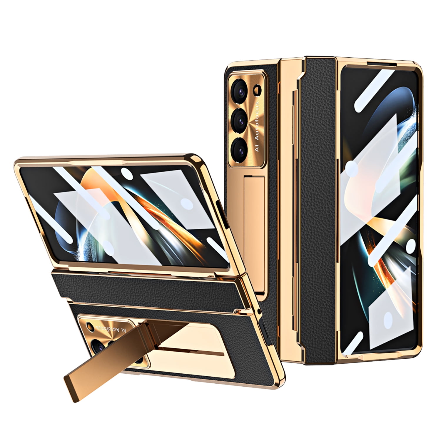 Allytech Galaxy Z Fold4 Case with Screen Protector, Kickstand Rugged Protective Shockproof Anti-Scratch Hinge Protection Phone Case for Samsung Galaxy Z Fold 4 - Black+Gold