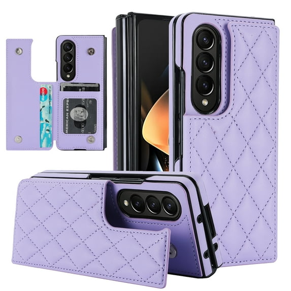 Allytech Case Compatible with Samsung Galaxy Z Fold4 with Card Slots, Slim Thin Luxury PU Leather Shockproof Double Buckle Kickstand Case for Samsung Galaxy Z Fold4 - Purple