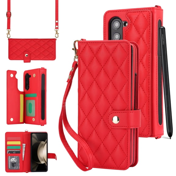Allytechgroup Stylish Galaxy Z Fold 5 Wallet Case, Secure Phone Case for Samsung Galaxy Z Fold 5, Ultimate Protection Convenience Hand Wrist Shoulder Strap Case for Girls Women, Red