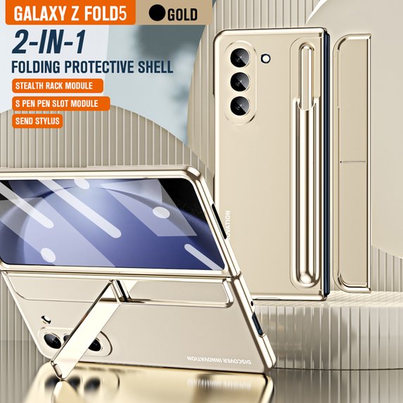 Allytech Galaxy Z Fold5 Case with Screen Protector, Pencil Holder & Stylus Pen Hinge Protection Drop Proof Kickstand Phone Case for Samsung Galaxy Z Fold5 - Gold