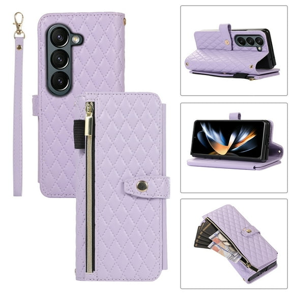 Allytech Galaxy Z Fold6 5G Wallet Case, Z Fold 6 Cover, Multiple Cards Slots Premium PU Leather Zipper Cash Pocket Kickstand Shockproof Wallet Cover Phone Case for Samsung Galaxy Z Fold6 5G -Purple
