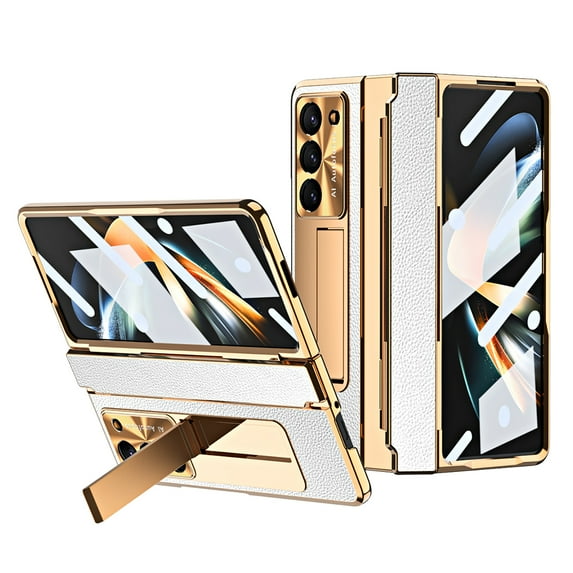 Allytech Galaxy Z Fold6 Case with Screen Protector, Kickstand Rugged Protective Shockproof Anti-Scratch Hinge Protection Phone Case for Samsung Galaxy Z Fold 6 - White+Gold