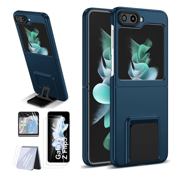 Allytech Galay Z Flip5 Case with 2 Set Screen Protector, Kickstand Hybrid Protective Shockproof Anti-Scratch Slim Fit Lightweight Case Cover for Samsung Galaxy Z Flip 5 5G - Darkblue