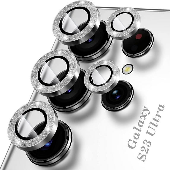 Allytech Glitter Bling Camera Lens Protector for Samsung Galaxy S23 Ultra, Individual Lens Protector Sparkly Bling S24 Ultra Camera Cover Ring Clear Tempered Glass 9H Case Friendly, Silver
