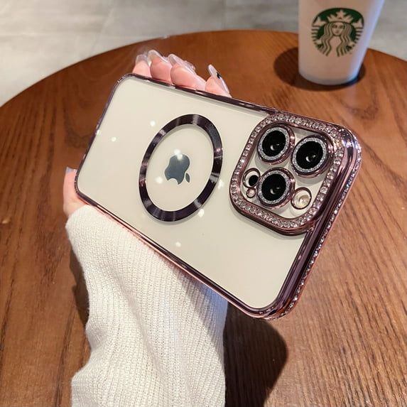 Allytech Glitter Case for Apple iPhone 11, Magnetic Case Compatible Magsafe Clear Back Cover Glitter Bling Rhinestone Shockproof Bumper Anti-Yellow Phone Case for Girls Women - Rosegold