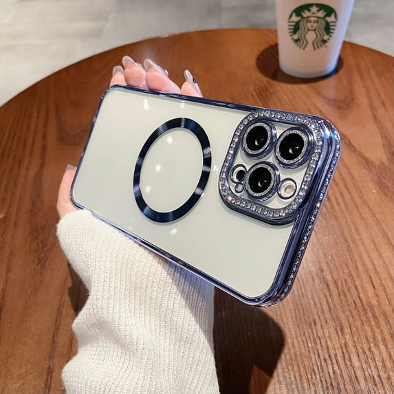 Allytech Glitter Case for Apple iPhone 12, Magnetic Case Compatible Magsafe Clear Back Cover Glitter Bling Rhinestone Shockproof Bumper Anti-Yellow Phone Case for Girls Women - Blue