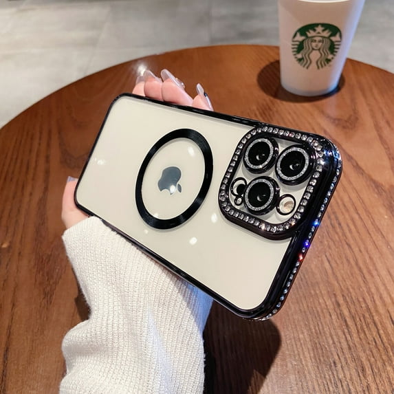 Allytech Glitter Case for Apple iPhone 14 Plus, Magnetic Case Compatible Magsafe Clear Back Cover Glitter Bling Rhinestone Shockproof Bumper Anti-Yellow Phone Case for Girls Women - Black