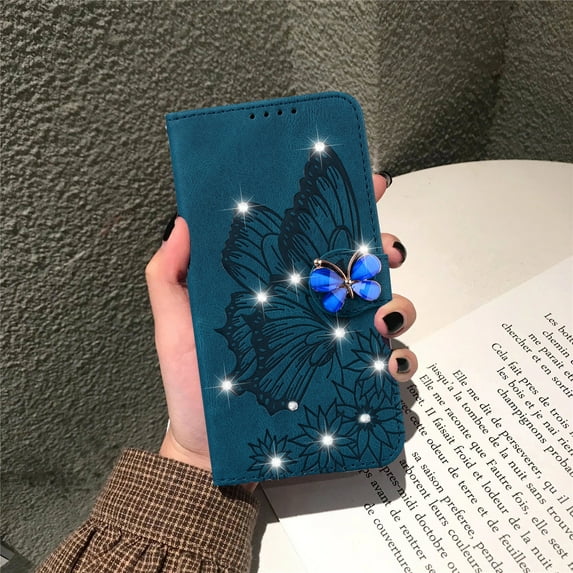 Allytech Glitter Case for Apple iPhone 15 6.1", Bling Butterfly Embossed PU Leather Slim Fit Shockproof Lightweight Cards Slots Kickstand Folio Flip Cover Wallet Case for Apple iPhone 15 - Blue