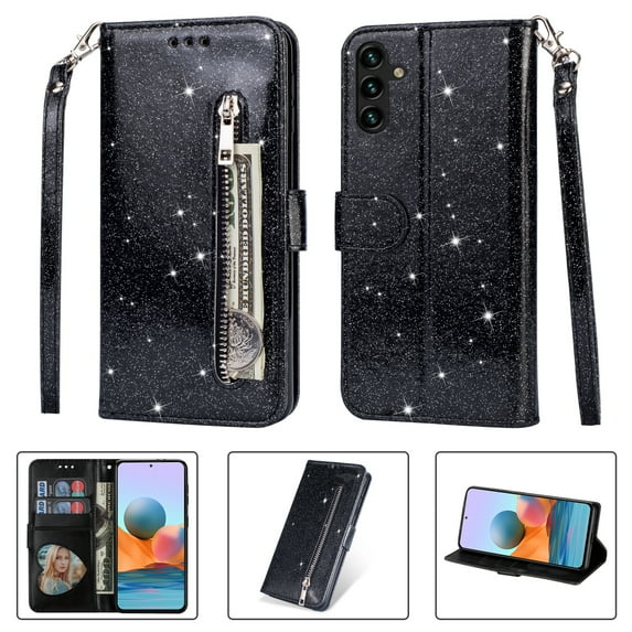 Allytech Glitter Case for Samsung Galaxy A05, Bling PU Leather Flip Folio Stand Cards Holder Anti-Scratch Shockproof Bumper Wallet Case Cover for Galaxy A05 - Black