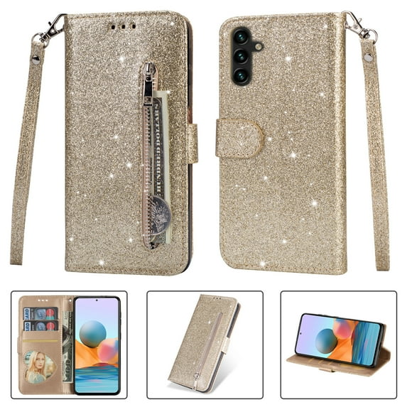 Allytech Glitter Case for Samsung Galaxy A05, Bling PU Leather Flip Folio Stand Cards Holder Anti-Scratch Shockproof Bumper Wallet Case Cover for Galaxy A05 - Gold