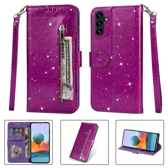 Allytech Glitter Case for Samsung Galaxy A05, Bling PU Leather Flip Folio Stand Cards Holder Anti-Scratch Shockproof Bumper Wallet Case Cover for Galaxy A05 - Purple