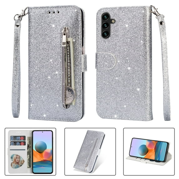 Allytech Glitter Case for Samsung Galaxy A05, Bling PU Leather Flip Folio Stand Cards Holder Anti-Scratch Shockproof Bumper Wallet Case Cover for Galaxy A05 - Silver