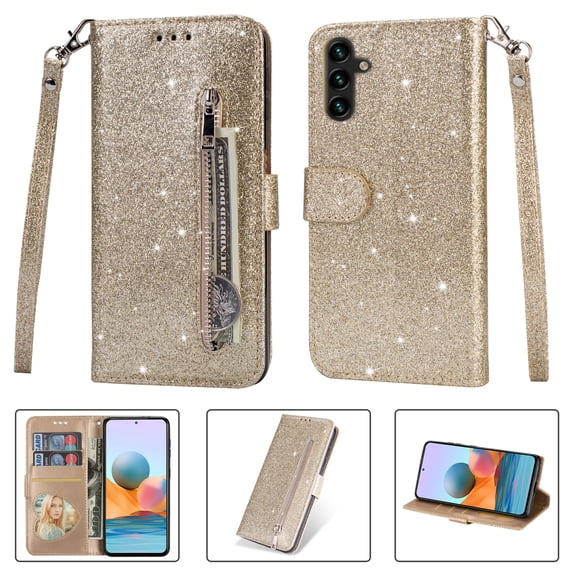 Allytech Glitter Case for Samsung Galaxy A05S, Bling PU Leather Flip Folio Stand Cards Holder Anti-Scratch Shockproof Bumper Wallet Case Cover for Galaxy A05S - Gold
