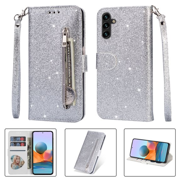 Allytech Glitter Case for Samsung Galaxy A05S, Bling PU Leather Flip Folio Stand Cards Holder Anti-Scratch Shockproof Bumper Wallet Case Cover for Galaxy A05S - Silver
