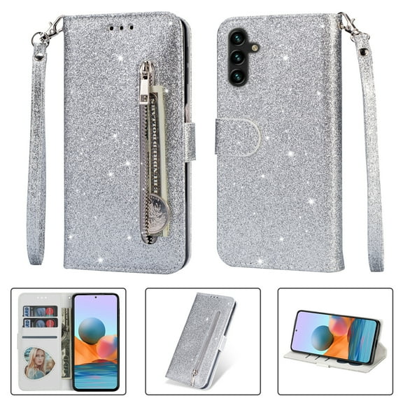 Allytech Glitter Case for Samsung Galaxy A24 4G, Bling PU Leather Flip Folio Stand Cards Holder Anti-Scratch Shockproof Bumper Wallet Case Cover for Galaxy A24 4G - Silver