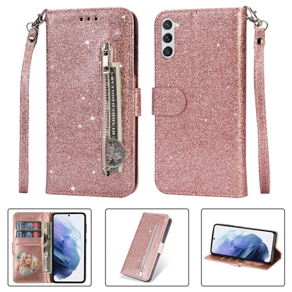 Allytech Glitter Case for Samsung Galaxy S25, Bling PU Leather Flip Folio Stand Cards Holder Anti-Scratch Shockproof Bumper Wallet Case Cover for Galaxy S25 - Rosegold