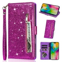 Allytech Glitter Case for iPhone 16e, Bling PU Leather Flip Folio Stand Cards Holder Anti-Scratch Shockproof Bumper Wallet Case Cover for Apple iPhone 16e - Purple