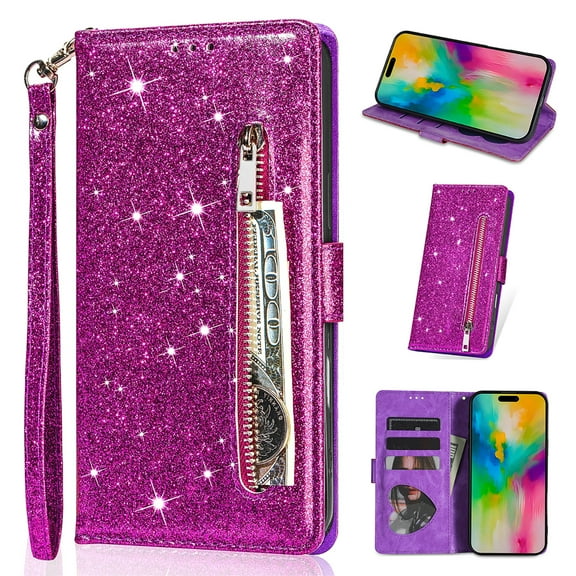 Allytech Glitter Case for iPhone 16e, Bling PU Leather Flip Folio Stand Cards Holder Anti-Scratch Shockproof Bumper Wallet Case Cover for Apple iPhone 16e - Purple