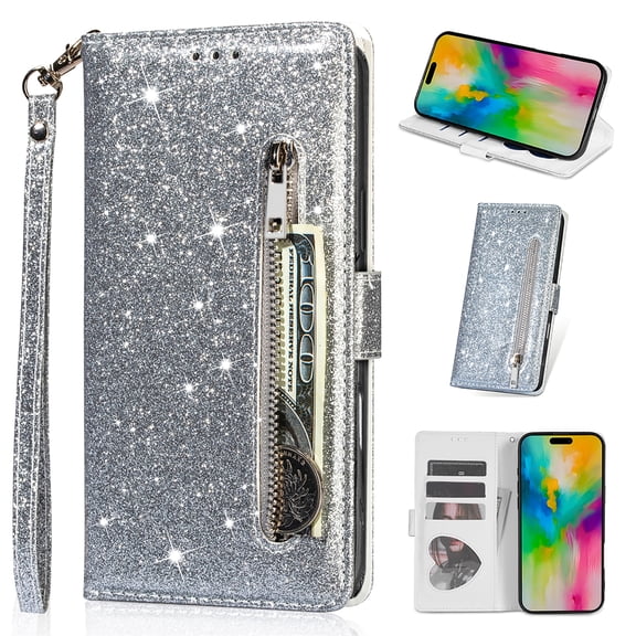 Allytech Glitter Case for iPhone 16e/17e, Bling PU Leather Flip Folio Stand Cards Holder Anti-Scratch Shockproof Bumper Wallet Case Cover for Apple iPhone 17e 16e - Silver