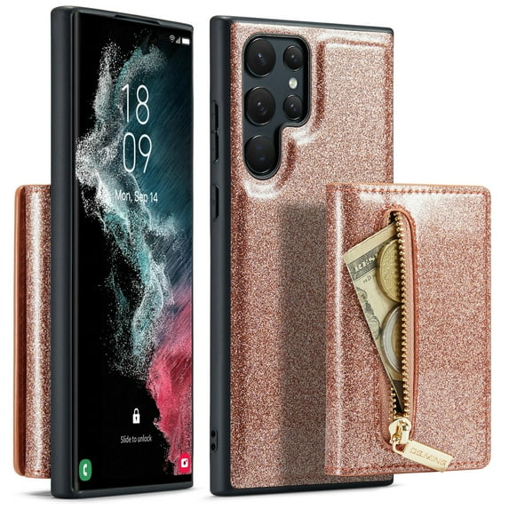 Allytech Glitter PU Leather Case for Samsung Galaxy S24 Ultra, Detachable Magnetic 2 in 1 Wallet Kickstand Case with Zipper Pocket & Card Holder, Shockproof Anti-Scratch Protective Case - Rosegold