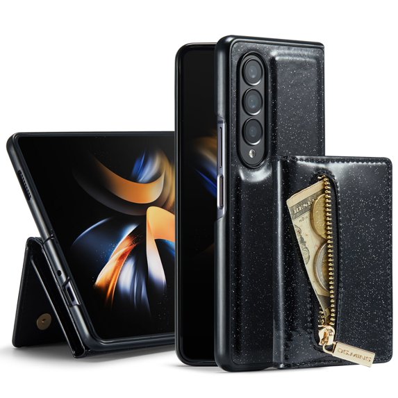 Allytech Glitter PU Leather Case for Samsung Galaxy Z Fold5, Detachable Magnetic 2 in 1 Wallet Kickstand Case with Zipper Pocket & Card Holder, Shockproof Anti-Scratch Protective Case - Black