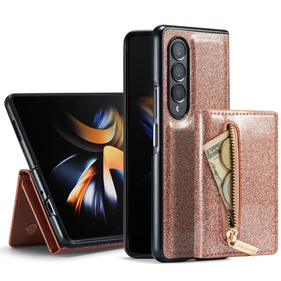 Allytech Glitter PU Leather Case for Samsung Galaxy Z Fold5, Detachable Magnetic 2 in 1 Wallet Kickstand Case with Zipper Pocket & Card Holder, Shockproof Anti-Scratch Protective Case - Rosegold