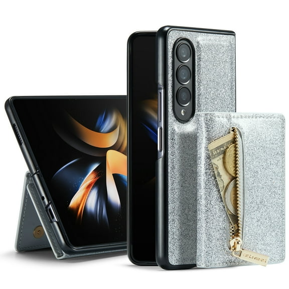 Allytech Glitter PU Leather Case for Samsung Galaxy Z Fold5, Detachable Magnetic 2 in 1 Wallet Kickstand Case with Zipper Pocket & Card Holder, Shockproof Anti-Scratch Protective Case - Silver