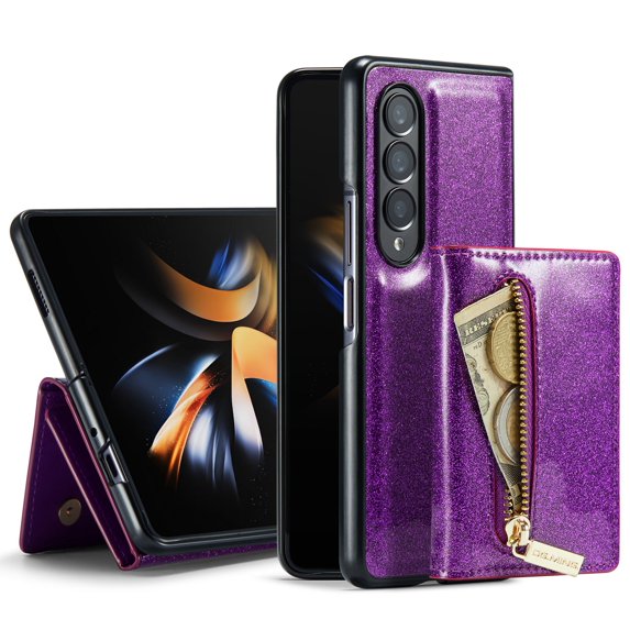 Allytech Glitter PU Leather Case for Samsung Galaxy Z Fold5, Detachable Magnetic 2 in 1 Wallet Kickstand Case with Zipper Pocket & Card Holder, Shockproof Anti-Scratch Protective Case - Purple