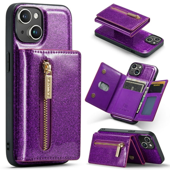 Allytech Glitter PU Leather Case for iPhone 15, Detachable Magnetic 2 in 1 Wallet Kickstand Case with Zipper Pocket & Card Holder, Shockproof Anti-Scratch Protective Case - Purple