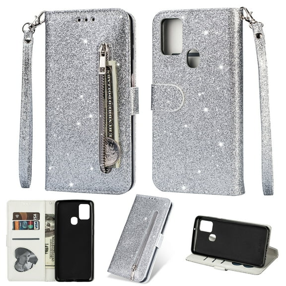 Allytech Glitter Wallet Case for Samsung Galaxy A21s, Bling Sparkly Design PU Leather Kickstand Zipper Pocket Cards Slots Folio Flip Cover with Detachable Wrist Strap for Samsung Galaxy A21s, Silver