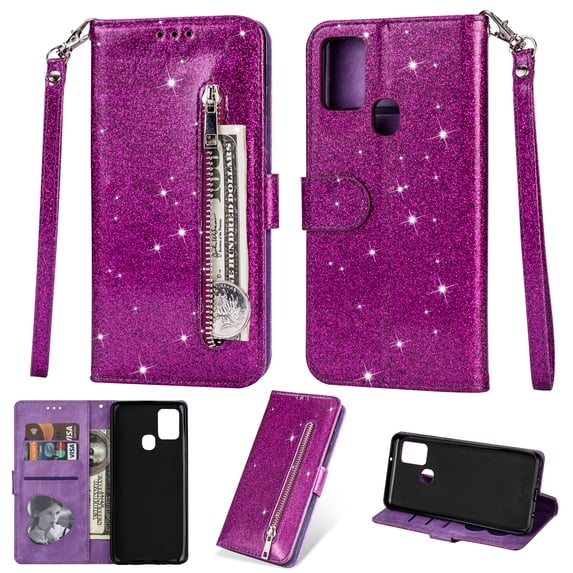 Allytech Glitter Wallet Case for Samsung Galaxy A21s, Bling Sparkly Design PU Leather Kickstand Zipper Pocket Cards Slots Folio Flip Cover with Detachable Wrist Strap for Samsung Galaxy A21s, Purple