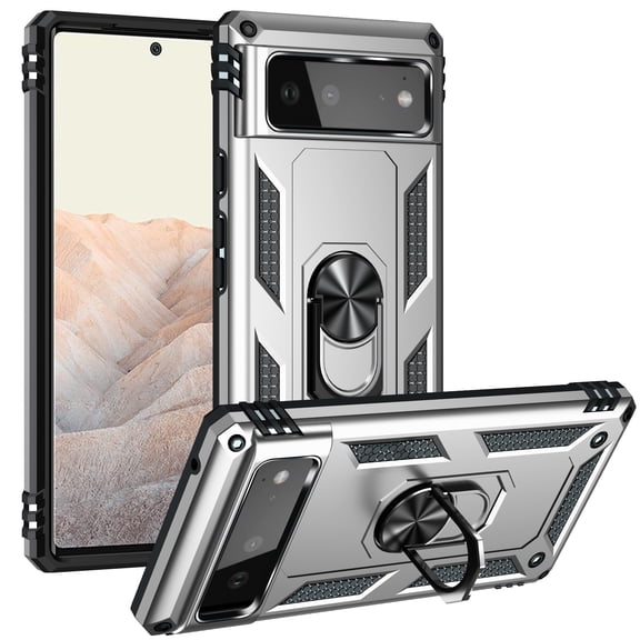 Allytech Google Pixel 6 Case, Pixel 6 Case with Stand Ring Holder, Heavy Duty Protection Shockproof Anti-scratch Kickstand Defender Bumper Case Cover for Google Pixel 6, Silver