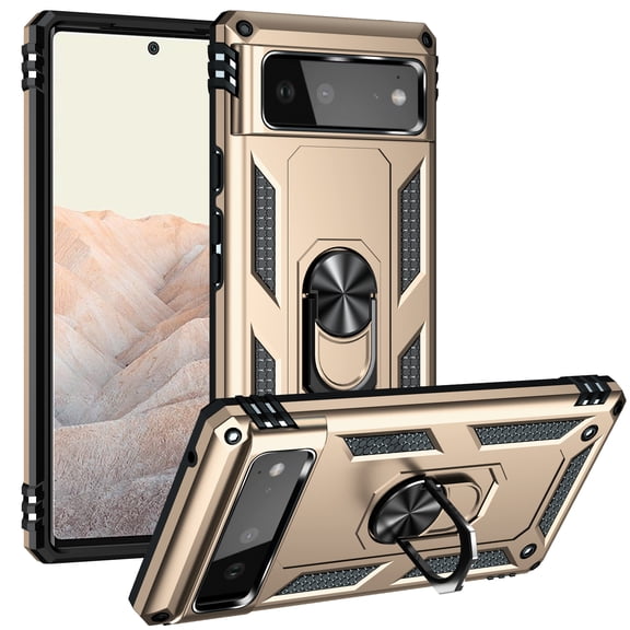 Allytech Google Pixel 6 Case, Pixel 6 Case with Stand Ring Holder, Heavy Duty Protection Shockproof Anti-scratch Kickstand Defender Bumper Case Cover for Google Pixel 6, Gold