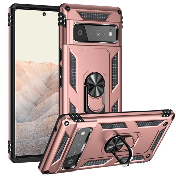 Allytech Google Pixel 6 Pro Case, Pixel 6 Pro Case with Stand Ring Holder, Heavy Duty Protection Shockproof Anti-scratch Kickstand Defender Bumper Case Cover for Google Pixel 6 Pro, Rosegold