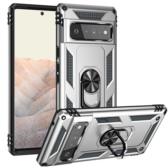 Allytech Google Pixel 6 Pro Case, Pixel 6 Pro Case with Stand Ring Holder, Heavy Duty Protection Shockproof Anti-scratch Kickstand Defender Bumper Case Cover for Google Pixel 6 Pro, Silver