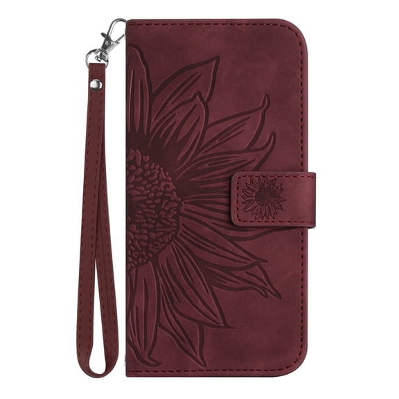 Allytech for Google Pixel 6A Case, Embossed Sunflower PU Leather Anti-Scratch Shockproof Magnetic Snap Protective Case for Google Pixel 6A 5G 2022 (6.1 inch), Winered