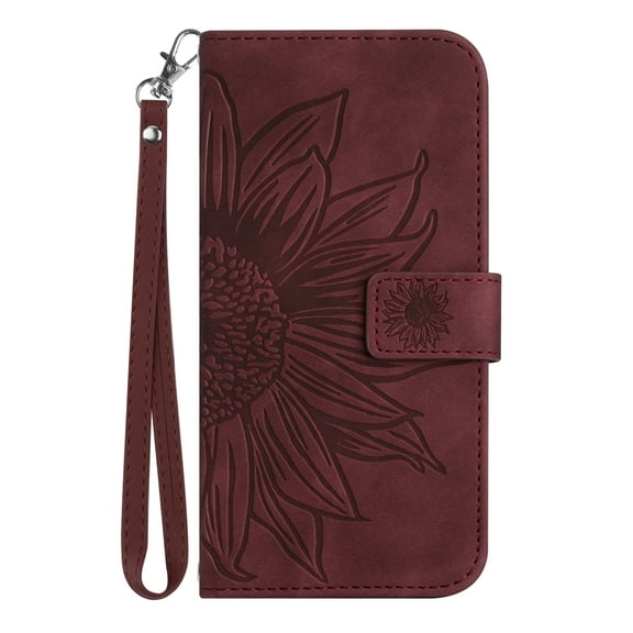 Allytech for Google Pixel 7 Case, Embossed Sunflower PU Leather Anti-Scratch Shockproof Magnetic Snap Protective Hand Strap Case for Google Pixel 7 5G 2022 (6.4 inch), Winered