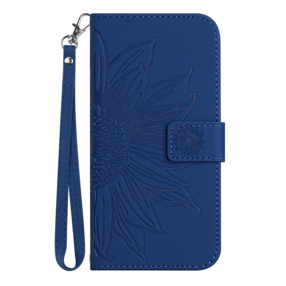 Allytech for Google Pixel 7 Case, Embossed Sunflower PU Leather Anti-Scratch Shockproof Magnetic Snap Protective Hand Strap Case for Google Pixel 7 5G 2022 (6.4 inch), Darkblue