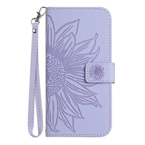Allytech for Google Pixel 7 Case, Embossed Sunflower PU Leather Anti-Scratch Shockproof Magnetic Snap Protective Hand Strap Case for Google Pixel 7 5G 2022 (6.4 inch), Lightpurple